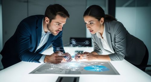 Zwei Marketing-Experten definieren eine B2B-Zielgruppe mithilfe einer interaktiven 3D-Karte.