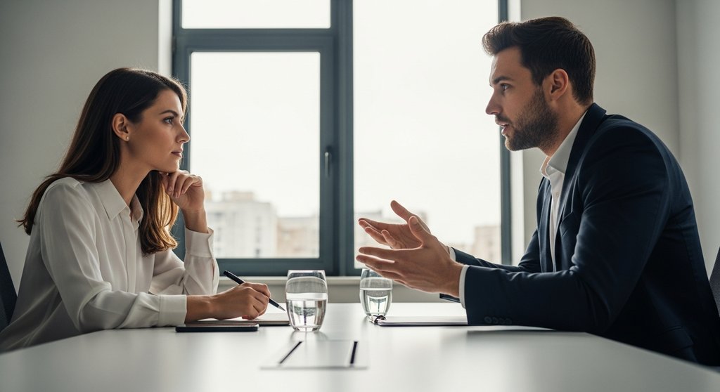 Zwei professionelle Geschäftspartner in einer konzentrierten Honorarverhandlung am Tisch.