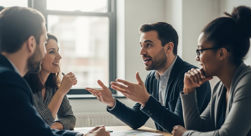 Drei Lernende in einer angeregten Diskussion während einer Präsenzphase des Blended Learnings.