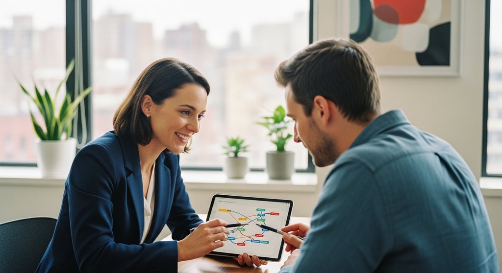 Ein Berater der Agentur für Arbeit im Gespräch mit einem Kunden über Weiterbildungsförderung.