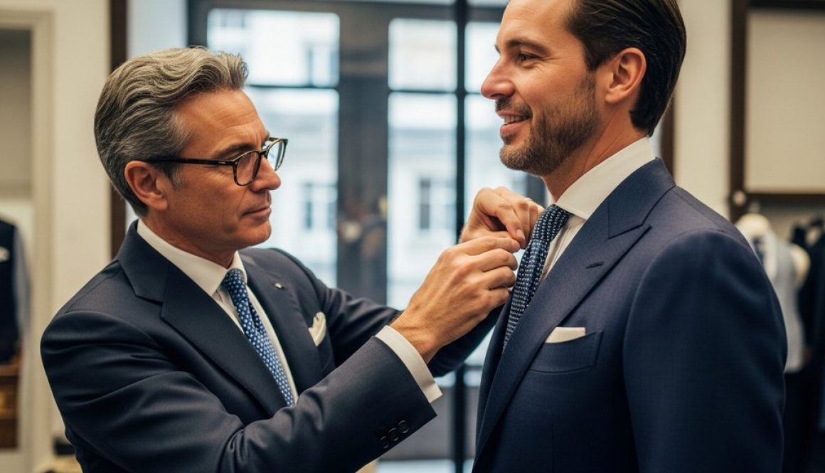 Ein erfahrener Schneider passt einem Kunden einen Maßanzug an als Metapher für personalisiertes Adaptive Learning.