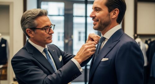 Ein erfahrener Schneider passt einem Kunden einen Maßanzug an als Metapher für personalisiertes Adaptive Learning.