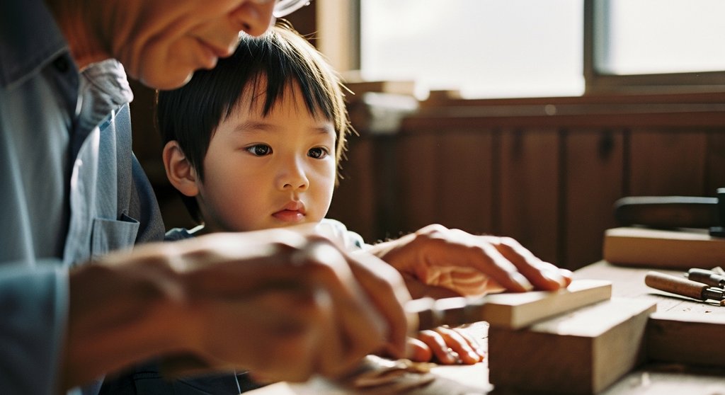 Ein Kind lernt aufmerksam durch die Beobachtung eines Erwachsenen bei der Ausübung eines Handwerks.
