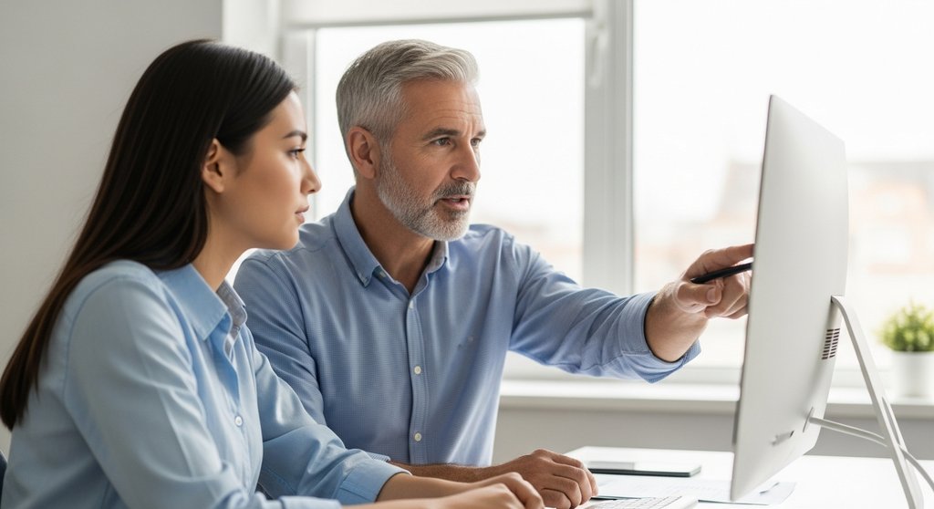 Ein Mentor erklärt einem jüngeren Kollegen am Arbeitsplatz einen Prozess am Computer.