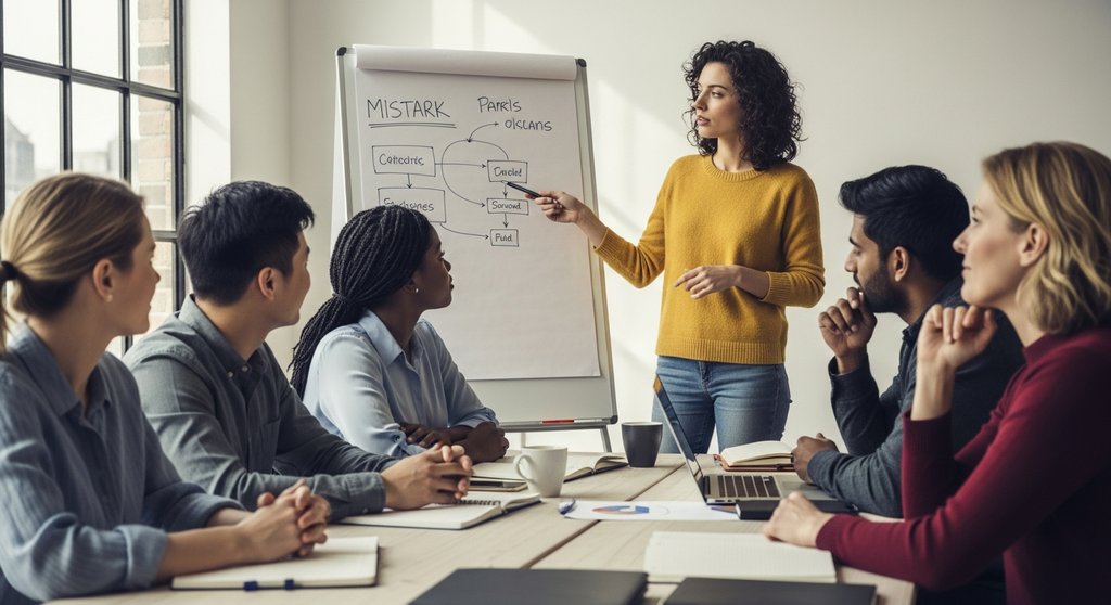 Ein Team diskutiert in einer sicheren Umgebung offen über Fehler.