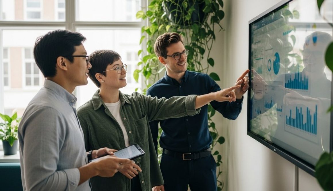 Ein Team von Fachkräften nutzt eine interaktive E-Learning-Plattform für die digitale Weiterbildung im Unternehmen.