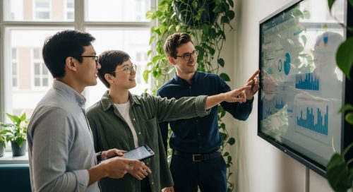 Ein Team von Fachkräften nutzt eine interaktive E-Learning-Plattform für die digitale Weiterbildung im Unternehmen.