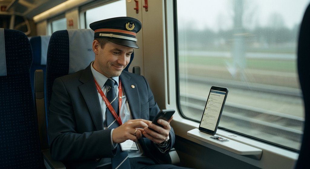 Ein Zugführer nutzt sein Smartphone für eine mobile Lerneinheit während seiner Pause im Zug.