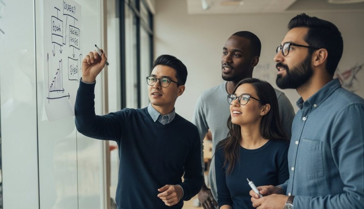 Eine Gruppe von Kollegen beim Social Learning in einem modernen Büro, die Ideen auf einer Glaswand entwickeln.
