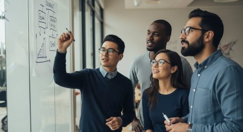 Eine Gruppe von Kollegen beim Social Learning in einem modernen Büro, die Ideen auf einer Glaswand entwickeln.