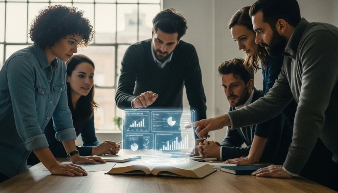 Eine Gruppe von Lernenden in einer Blended-Learning-Umgebung, die ein Buch mit einer digitalen Schnittstelle kombinieren.