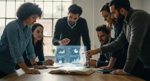 Eine Gruppe von Lernenden in einer Blended-Learning-Umgebung, die ein Buch mit einer digitalen Schnittstelle kombinieren.