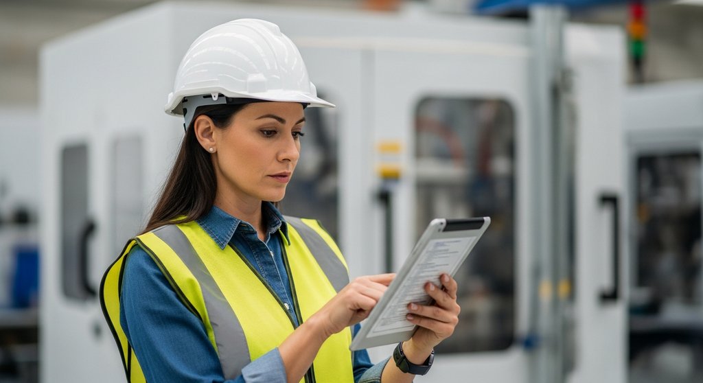 Eine Ingenieurin in einer Fabrik nutzt ein Tablet für Mobile Learning als Performance Support am Arbeitsplatz.