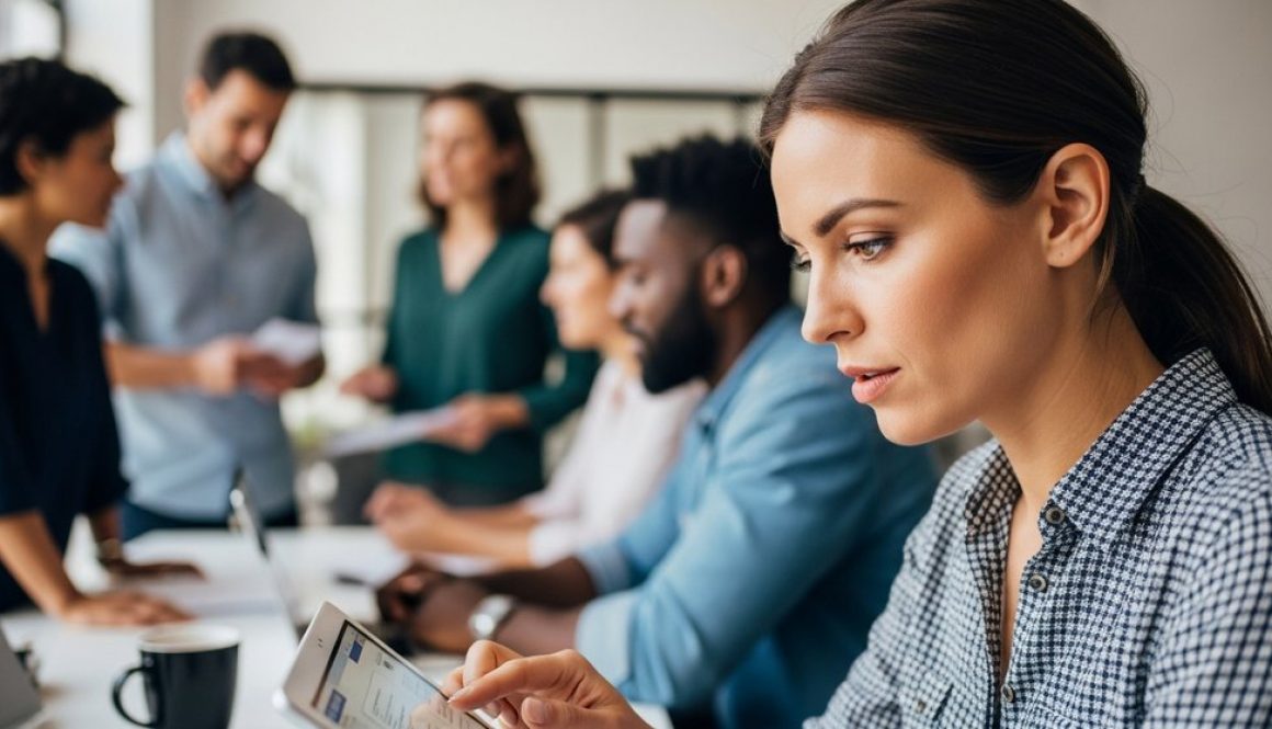 Eine junge Frau nutzt Mobile Learning auf einem Tablet zur beruflichen Weiterbildung in einem modernen Büro.