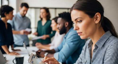 Eine junge Frau nutzt Mobile Learning auf einem Tablet zur beruflichen Weiterbildung in einem modernen Büro.