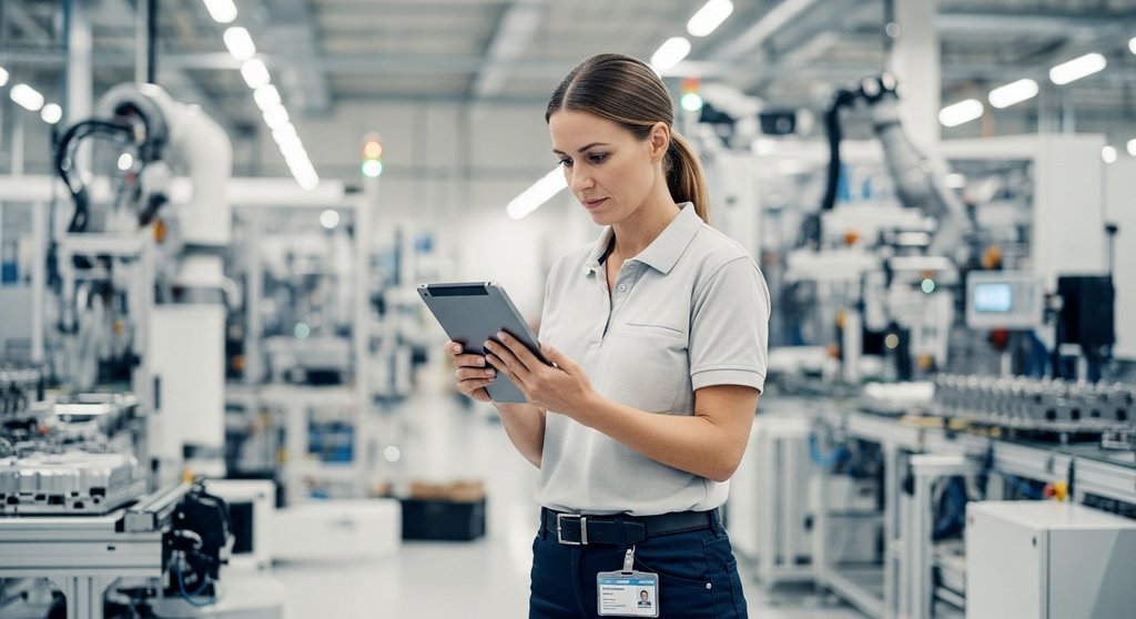 Eine Mitarbeiterin nutzt mobiles Lernen direkt am Arbeitsplatz.