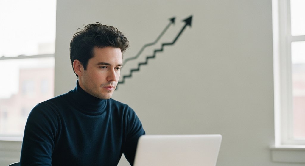 Fachkraft blickt nach erfolgreichem Online-Kurs mit Zertifikat zuversichtlich auf ihren Laptop.