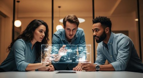 Fokussierte Mitarbeiter nutzen Gamification in der Weiterbildung durch Interaktion mit einer digitalen Lernanwendung.