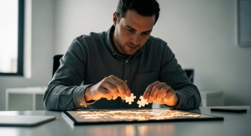 Fokussierter Mitarbeiter fügt ein Puzzleteil hinzu, als Metapher für effektives Microlearning.