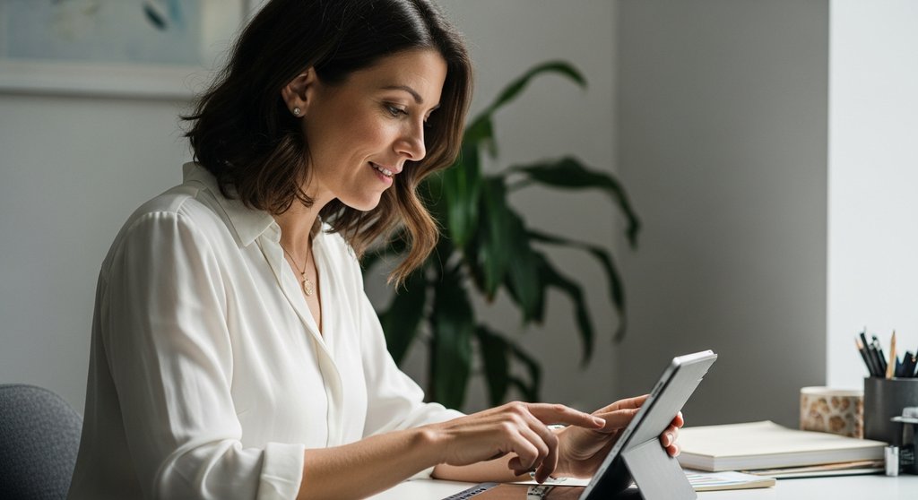Frau bei der digitalen Weiterbildung am Tablet zur Stärkung ihrer digitalen Kompetenz.