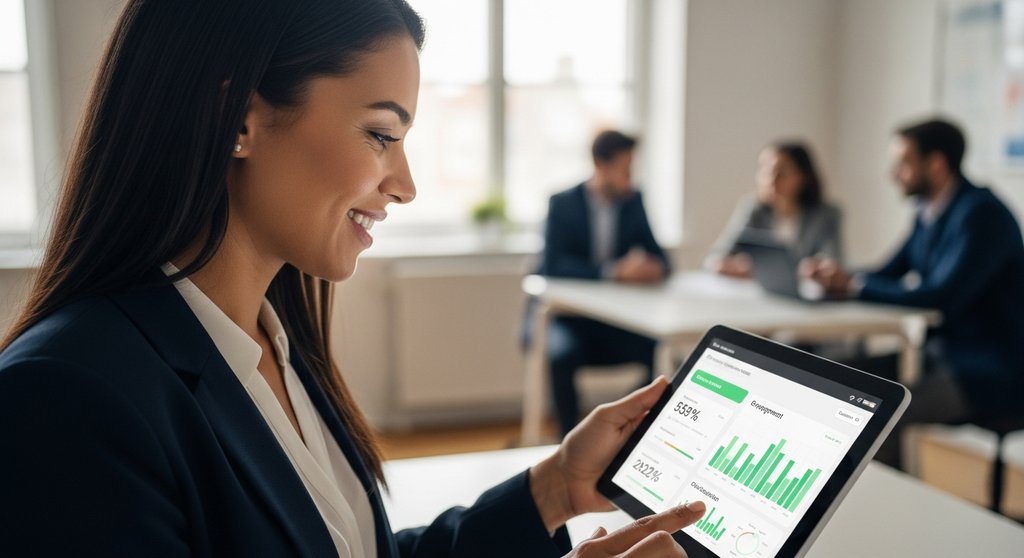 HR-Managerin analysiert erfolgreich die Nutzungsdaten einer Lernplattform auf einem Tablet.