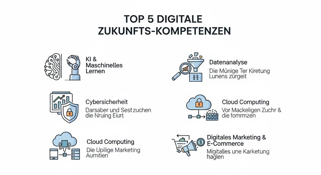 Infografik der Top 5 digitalen Kompetenzen für die berufliche Zukunft.