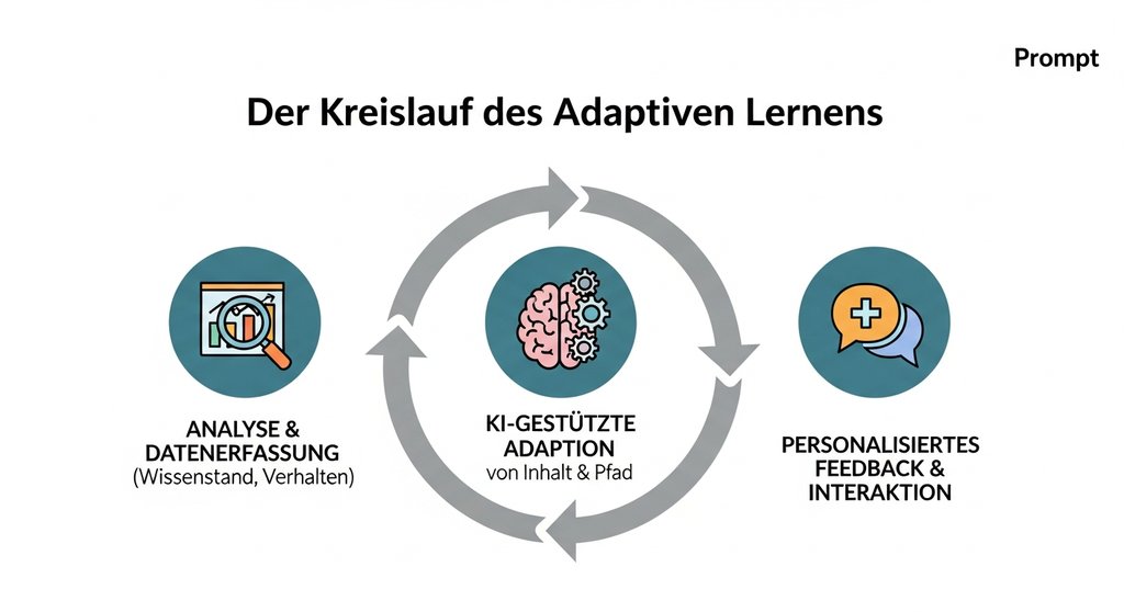Infografik, die den dreistufigen Kreislauf des adaptiven Lernens aus Analyse, Adaption und Feedback zeigt.