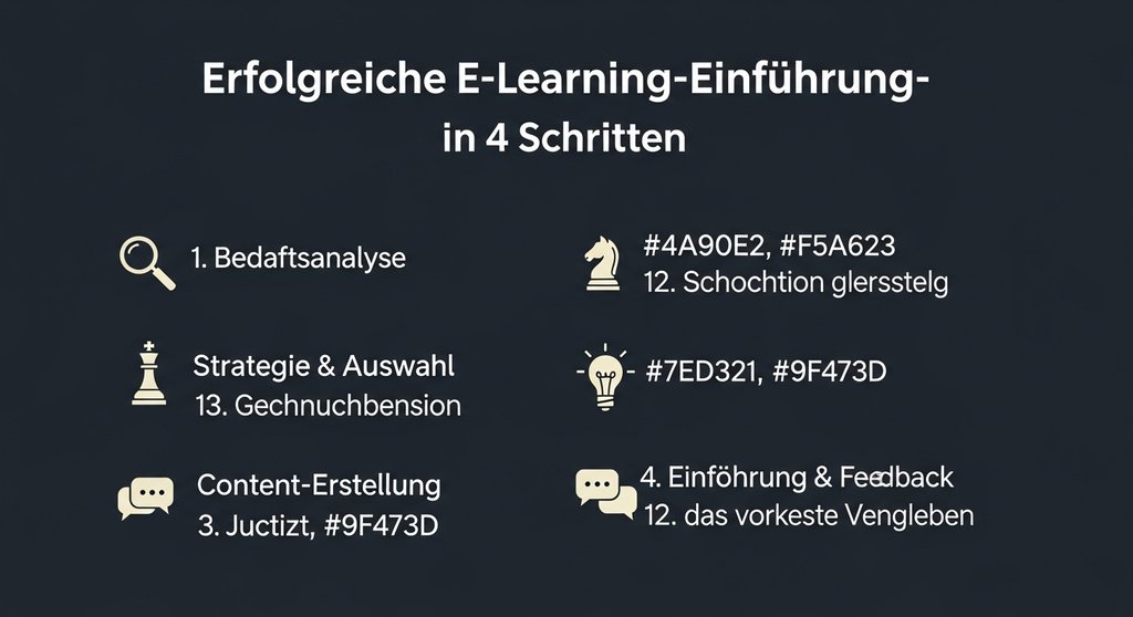 Infografik, die die vier wesentlichen Schritte zur erfolgreichen Einführung von E-Learning im Unternehmen zeigt.