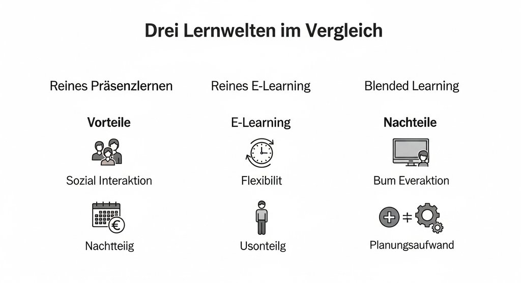 Infografik, die die Vor- und Nachteile von Präsenzlernen, E-Learning und Blended Learning gegenüberstellt.