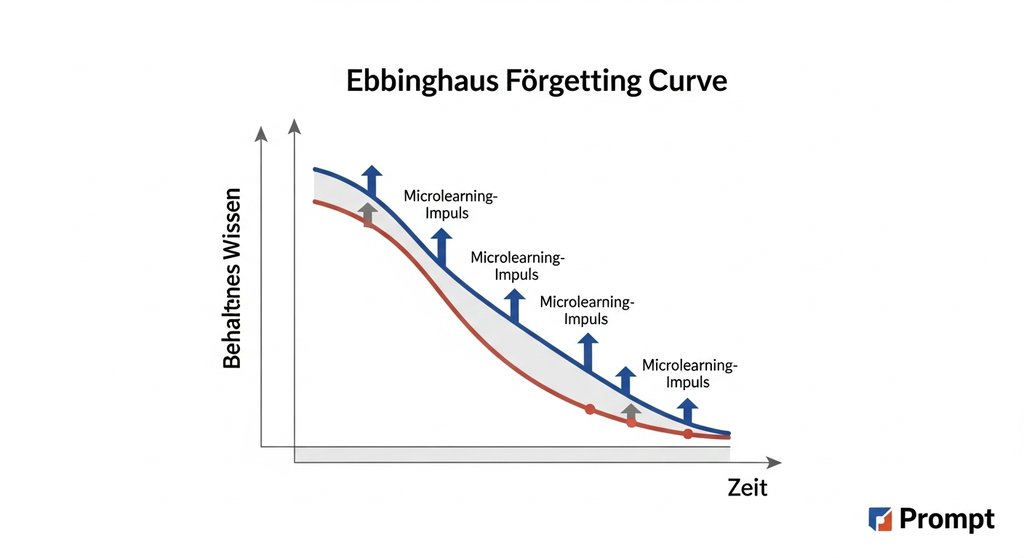 Infografik zur Ebbinghaus-Vergessenskurve und wie Microlearning das Vergessen von Wissen verhindert.