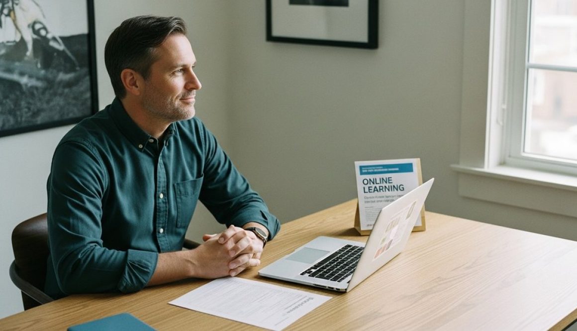 Mann plant seine berufliche Weiterbildung und informiert sich über Fördermöglichkeiten am Laptop.