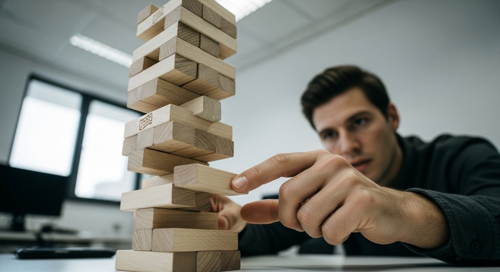 Metapher für die Risiken einer schlechten Microlearning-Strategie: ein einstürzender Jenga-Turm.