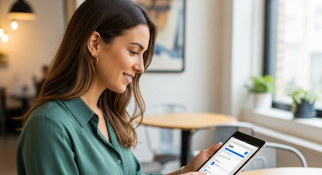 Mitarbeiterin nutzt ein Tablet für ein interaktives Microlearning-Quiz am Arbeitsplatz.