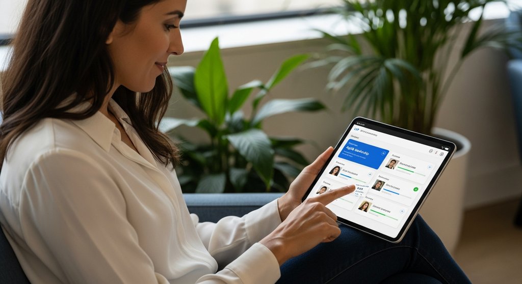 Mitarbeiterin nutzt eine moderne LXP-Lernplattform auf einem Tablet zur Weiterbildung. Editorial style, medium shot. A woman in her late 30s with a warm, focused expression sits in a comfortable, softly lit office lounge with green plants in the background. She is holding a tablet displaying a clean, intuitive user interface with course cards and progress bars. Her finger is about to tap on a card titled 