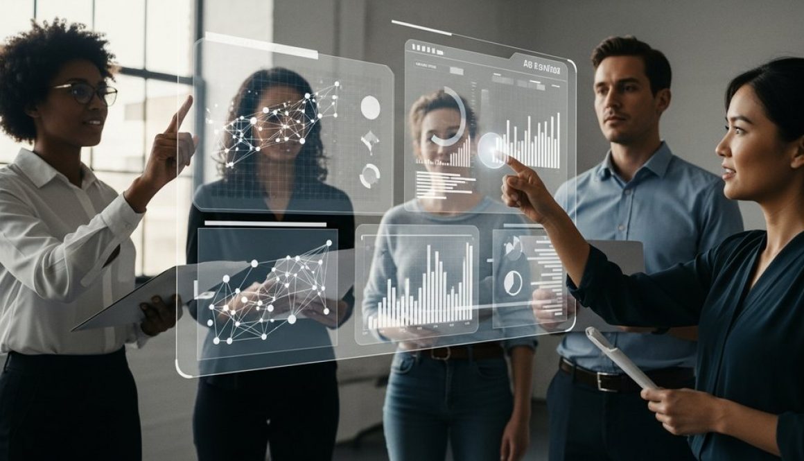 Professionals in einer digitalen Weiterbildung analysieren Daten auf einem Interface.
