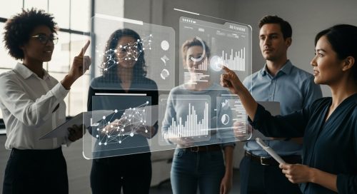 Professionals in einer digitalen Weiterbildung analysieren Daten auf einem Interface.