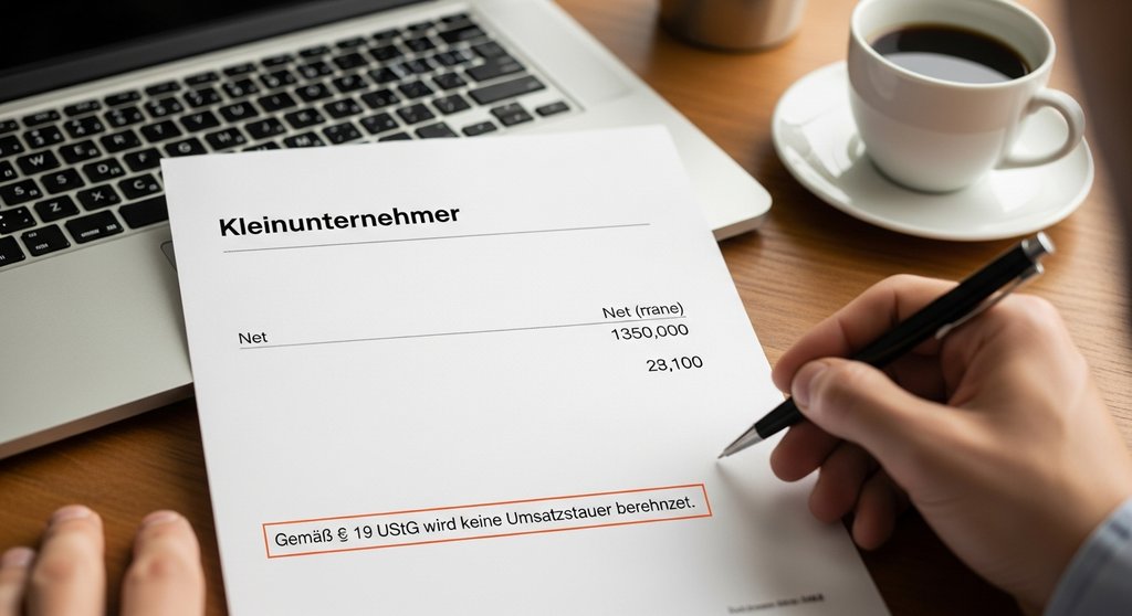 Beispiel einer korrekten Rechnung für Kleinunternehmer ohne Umsatzsteuer mit Hinweis auf § 19 UStG.