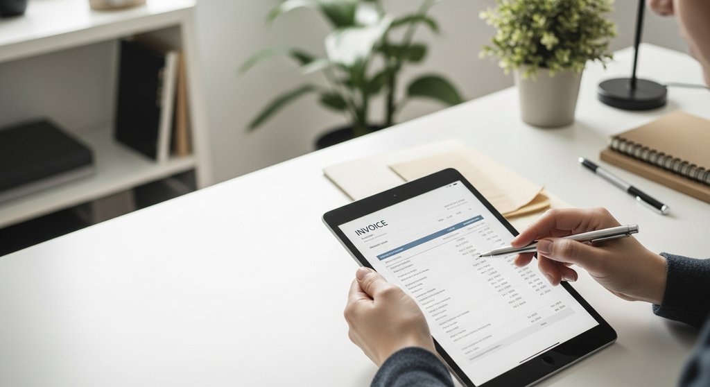 Detailansicht einer Person, die die Pflichtangaben auf einer digitalen Freelancer-Rechnung prüft.