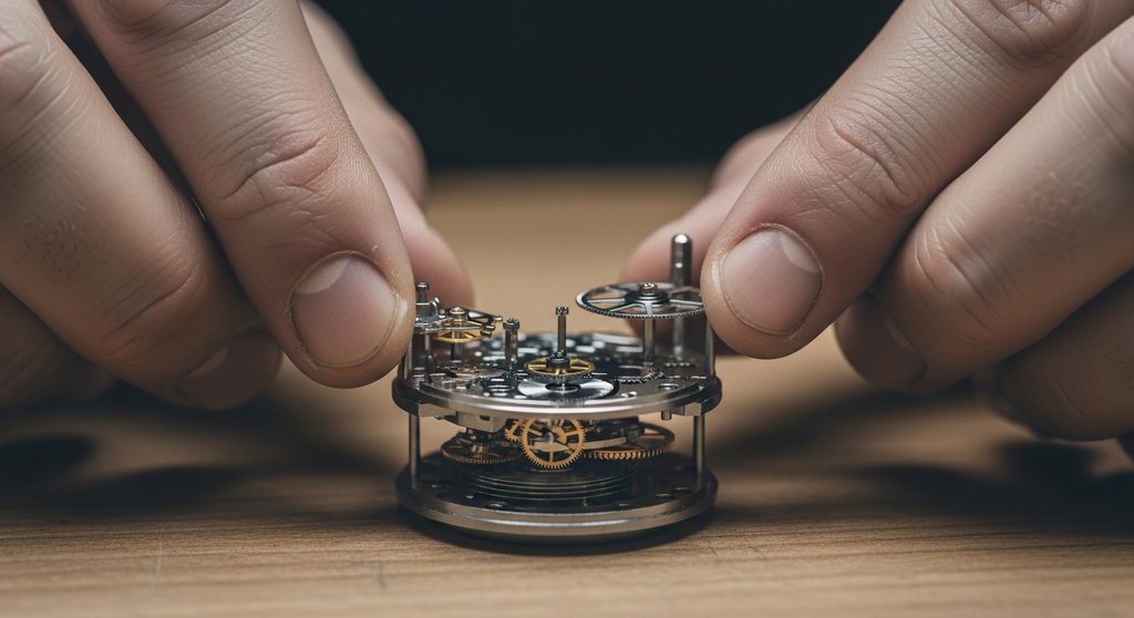 Detailaufnahme von Händen, die ein Uhrwerk zusammensetzen, als Metapher für technisches SEO.