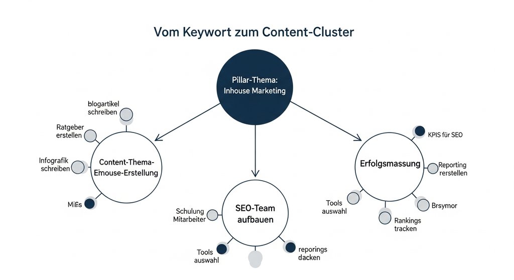 Diagramm, das die Struktur eines Content-Clusters mit einem Pillar-Thema und zugehörigen Cluster-Themen zeigt.