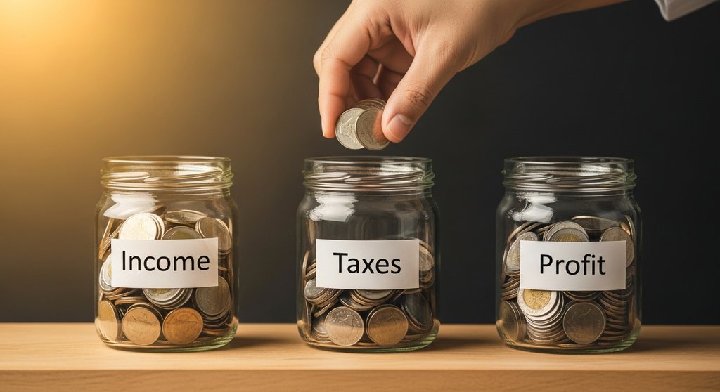 Drei Gläser symbolisieren die 3-Konten-Methode für Freelancer zur Verwaltung von Einnahmen, Steuern und Gewinn.