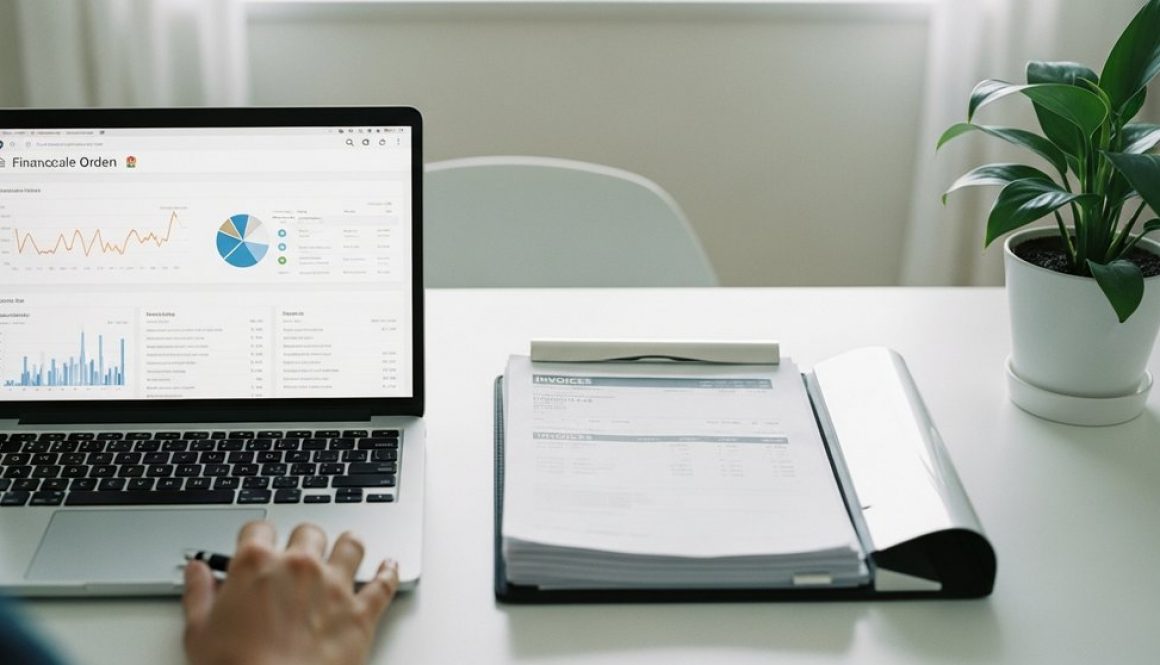 Ein aufgeräumter Schreibtisch symbolisiert geordnete Finanzen für einen erfolgreichen Freelancer.