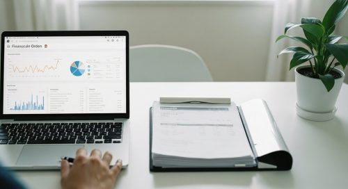 Ein aufgeräumter Schreibtisch symbolisiert geordnete Finanzen für einen erfolgreichen Freelancer.