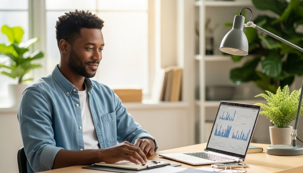 Ein entspannter Freelancer prüft am Laptop seine Finanzen, dank der Hilfe seines Steuerberaters.