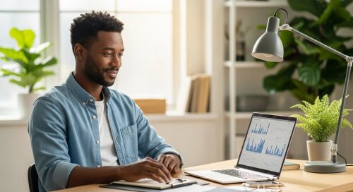 Ein entspannter Freelancer prüft am Laptop seine Finanzen, dank der Hilfe seines Steuerberaters.