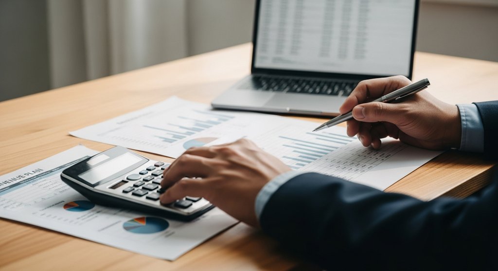 Ein Freelancer arbeitet mit Taschenrechner und Stift an seinem Finanzplan für den Businessplan.