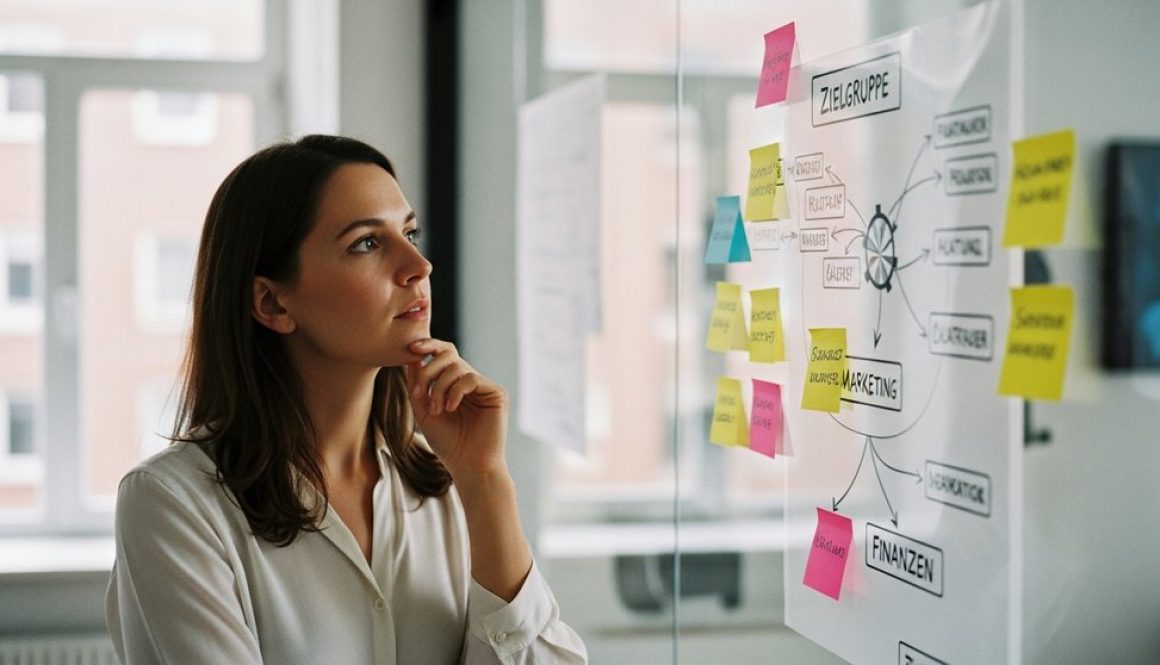 Ein Freelancer plant seinen Businessplan an einer Glaswand mit Notizen und Diagrammen.