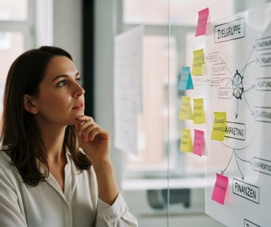 Ein Freelancer plant seinen Businessplan an einer Glaswand mit Notizen und Diagrammen.