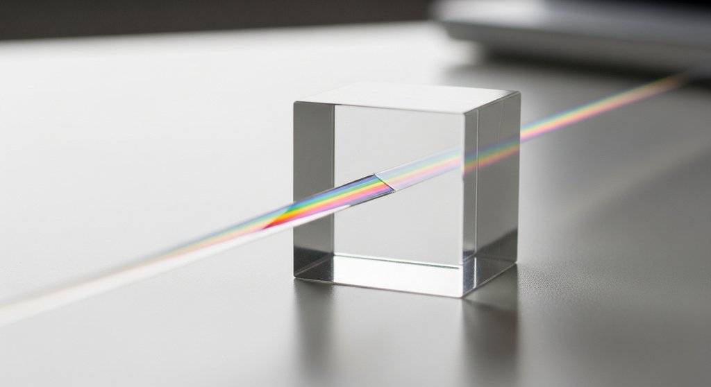 Ein Glasprisma, das Licht bricht, als Symbol für die Klarheit und Ordnung in der Buchhaltung durch eine Software.