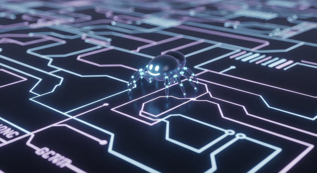 Ein Google-Crawler navigiert die technische Struktur einer Website zur Indexierung.